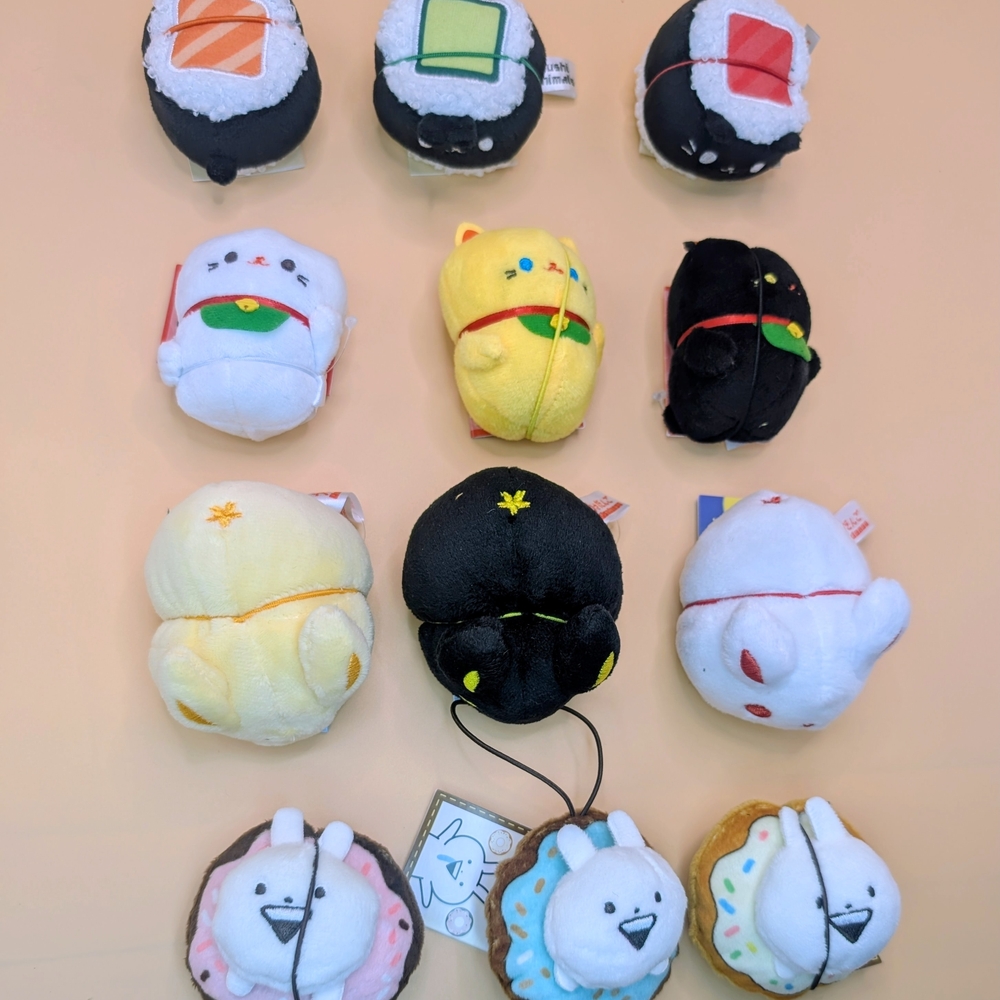 4 Complete Sets Of 3" Plush , Donut , Lucky Cat, Sushi, Usadango ,